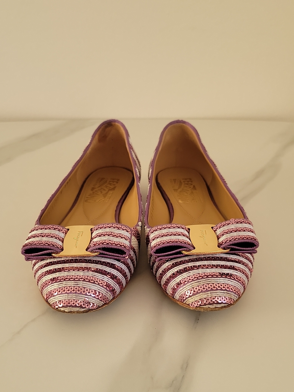 Salvatore Ferragamo Pink & White Sequined Bow Ballet Flats - Picture 3 of 16